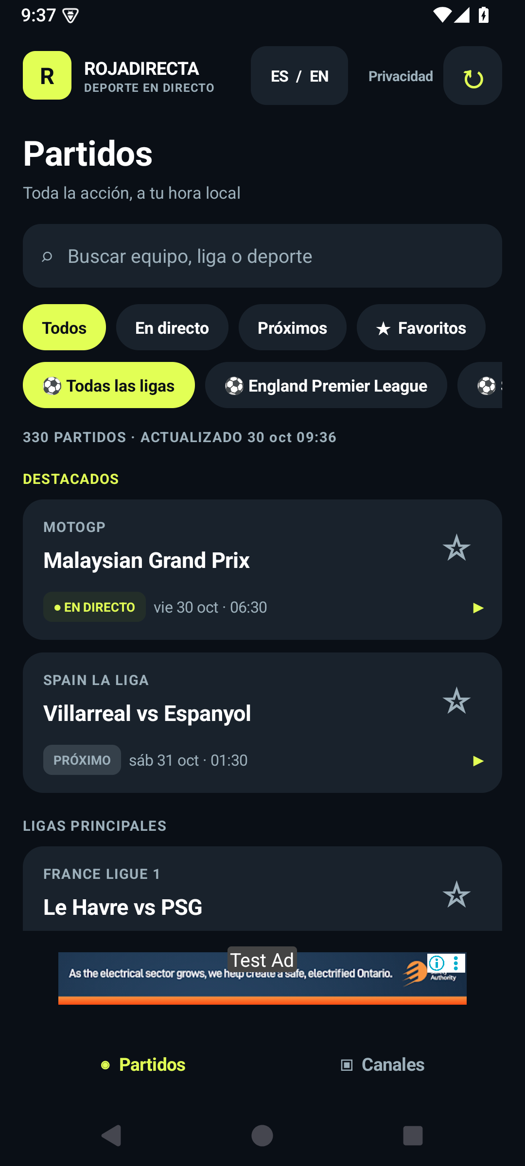 RojaDirecta abierta en Android.