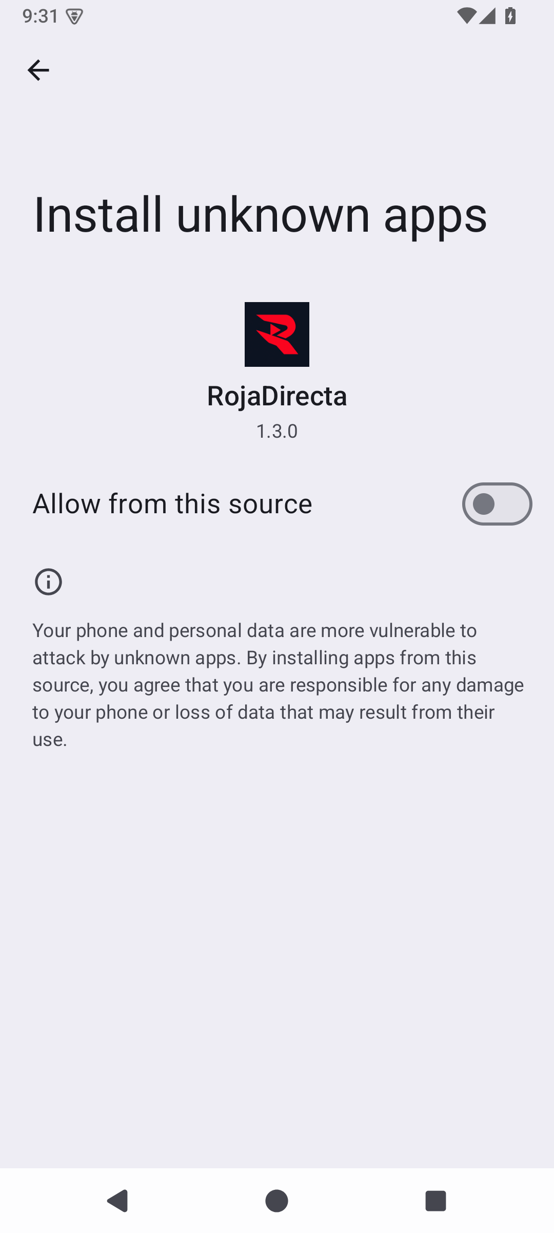 Ajuste de Android para permitir la instalación desde una fuente; el nombre de la fuente depende de la aplicación que abrió el archivo.